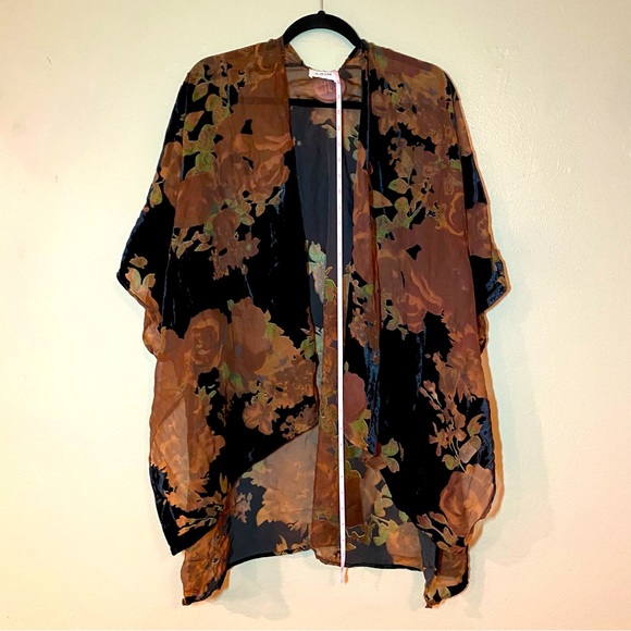 A.MUSE Semi-Sheer Chiffon Velvet Burnout Open-Front Kimono Jacket Brown Floral - Picture 3 of 6